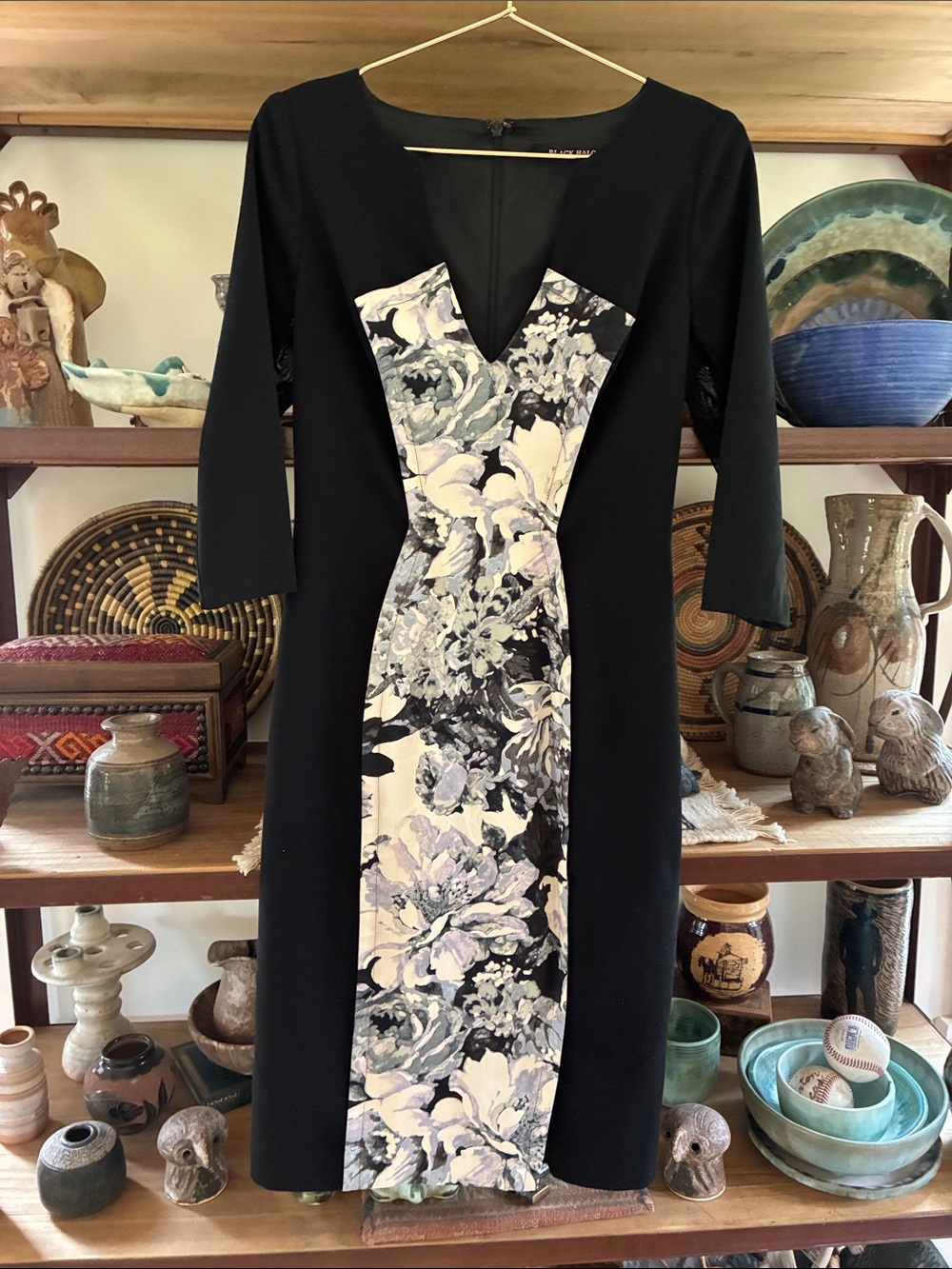Black Halo Midi Dress with Lavender Floral Front Panel